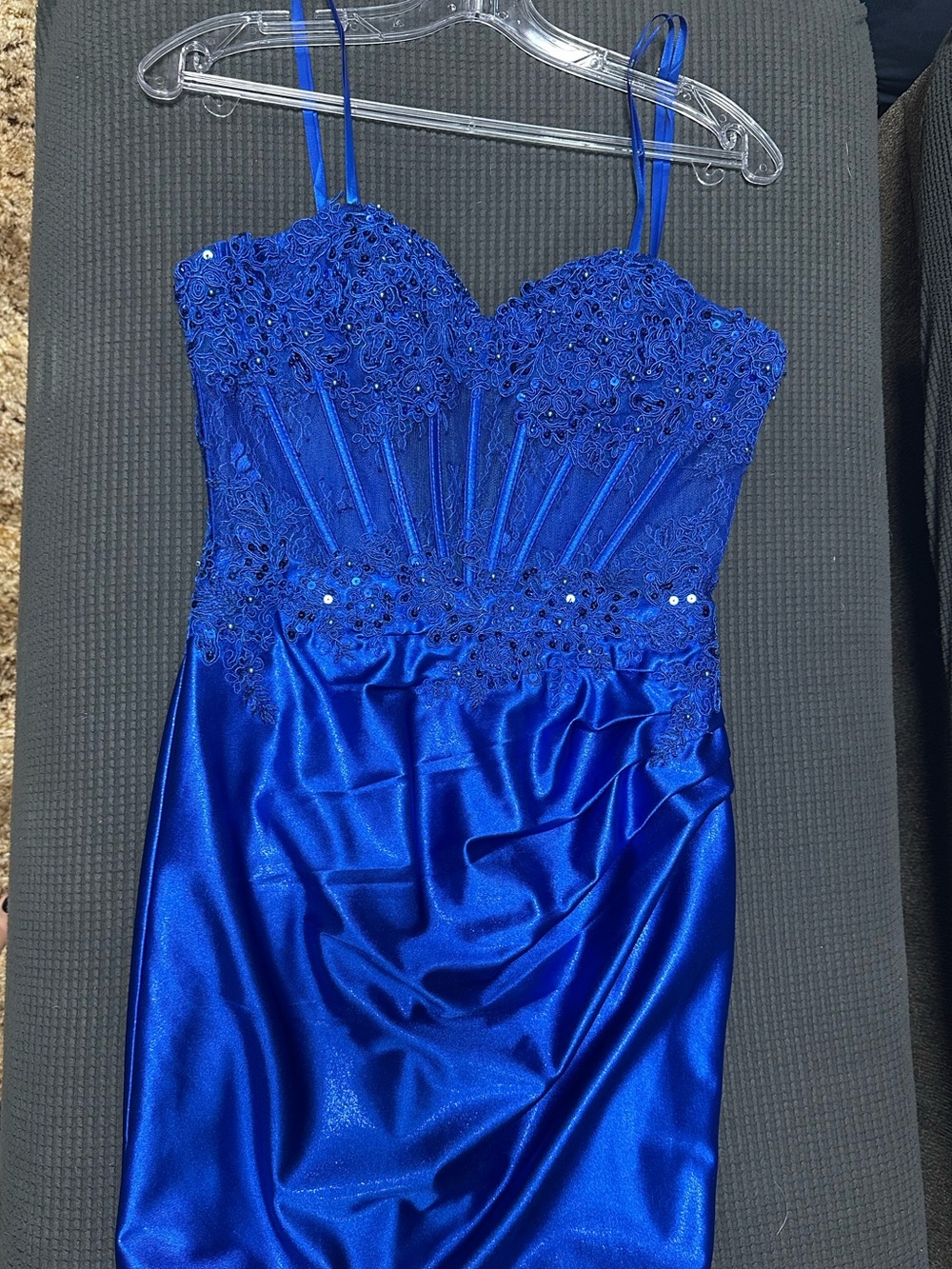 Royal Blue Beaded Lace Satin Mini Dress